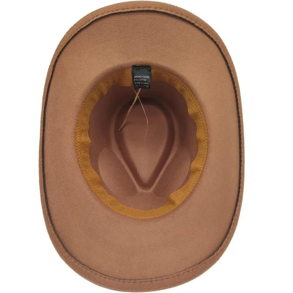Men Khaki Cotton Blend Felt Fedora Western Cowgirl Hats - Picture 7 of 7